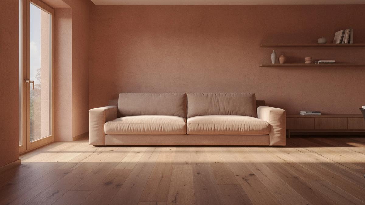 Interior render of a renovated living room with dimension lines marking wall width and ceiling height