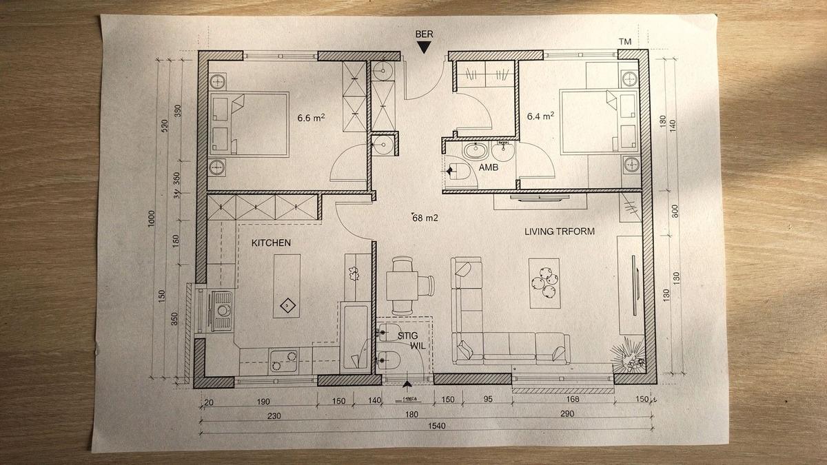 Dimensioned layout drawing of the proposed open kitchen and living room in a 68 square metre Kyiv flat